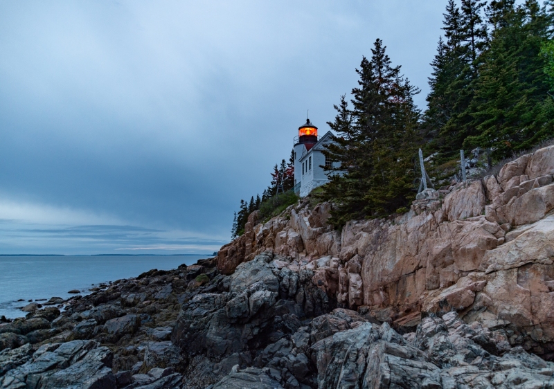 Bass Harbor Head Lighthouse in Bar Harbor, Maine at blue hour photographed by Adventure Photographer, Dailyn Matthews