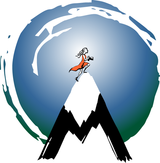 logo of woman photographer in orange dress at the top of a snowy mountain M with green & blue globe in background