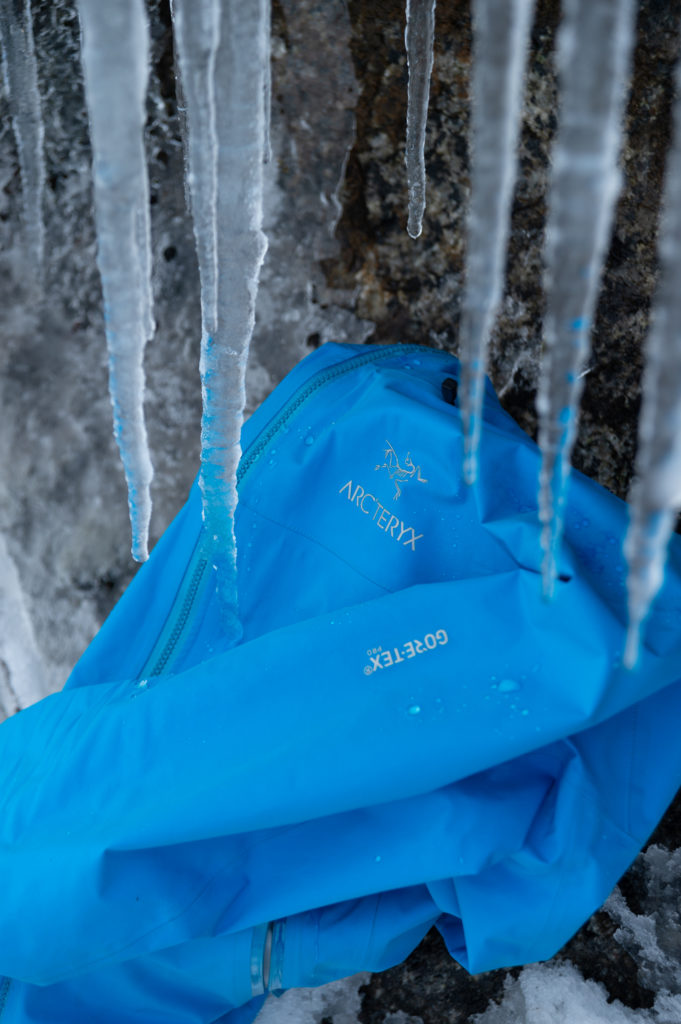 Arc'teryx Gore-tex jacket under dripping icicles in Norway
